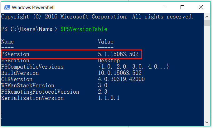 Captura de pantalla de la versión de Windows PowerShell.