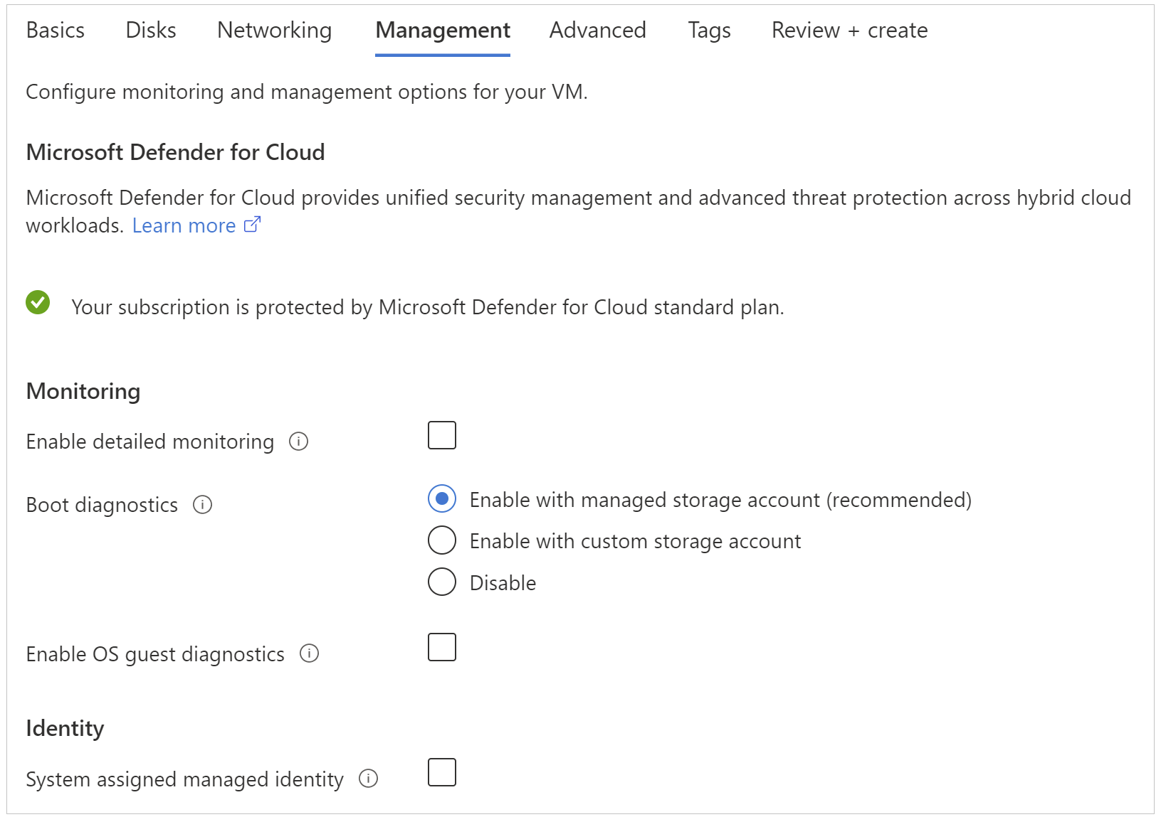 Captura de pantalla de las opciones de la página de diagnóstico de arranque de creación de VM