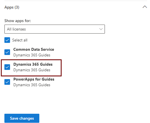 Captura de pantalla que muestra la opción de licencia de Dynamics 365 Guides que se debe seleccionar en la lista Aplicaciones al asignar la licencia de Dynamics 365 Guides a las cuentas de usuario.