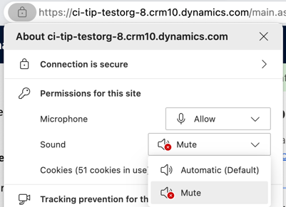 Captura de pantalla que muestra cómo habilitar permisos de sonido seleccionando Automático (valor predeterminado) después de seleccionar Silenciar en Microsoft Edge.