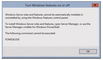 Captura de pantalla de los roles y características no se pueden instalar automáticamente a través de un error de característica de Windows.