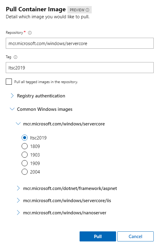 Ventana de configuración de la imagen del contenedor de extracción