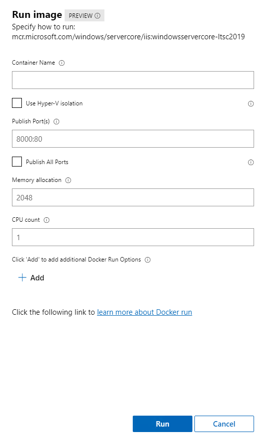 Ventana de configuración de la ejecución de la imagen