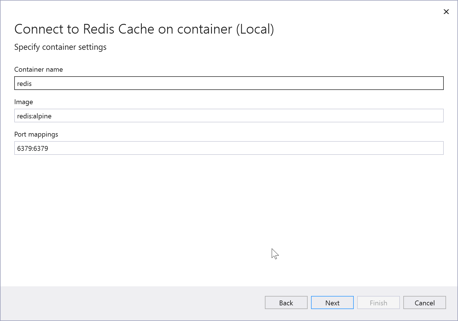 Captura de pantalla donde se ven las opciones de conexión de Azure Cache for Redis en un contenedor local.