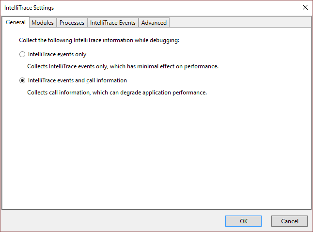 Configuración de IntelliTrace