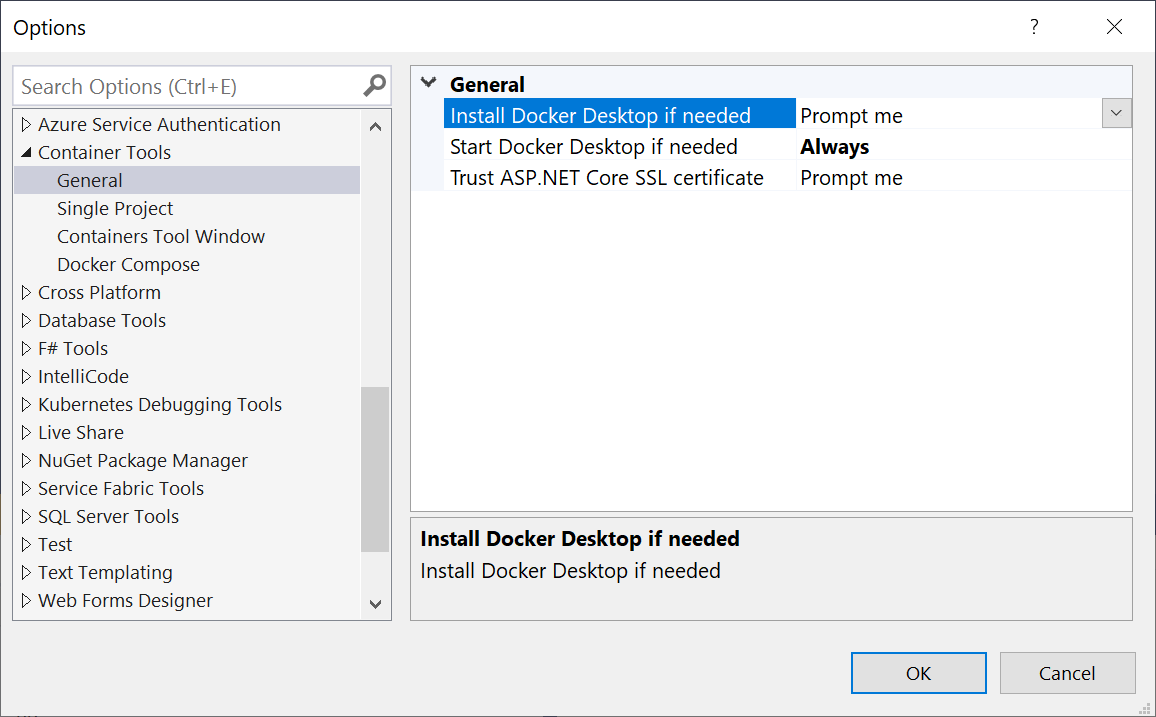 Opciones de las herramientas de contenedor de Visual Studio que muestran: Instalar Docker Desktop si es necesario y Confiar en certificado SSL de ASP.NET Core.