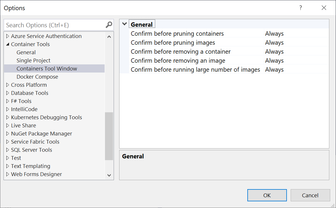 Opciones de las herramientas de contenedor de Visual Studio; se muestra la configuración disponible para la ventana de herramientas Contenedores.