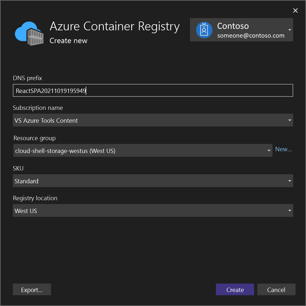 Captura de pantalla del cuadro de diálogo Crear Azure Container Registry de Visual Studio.