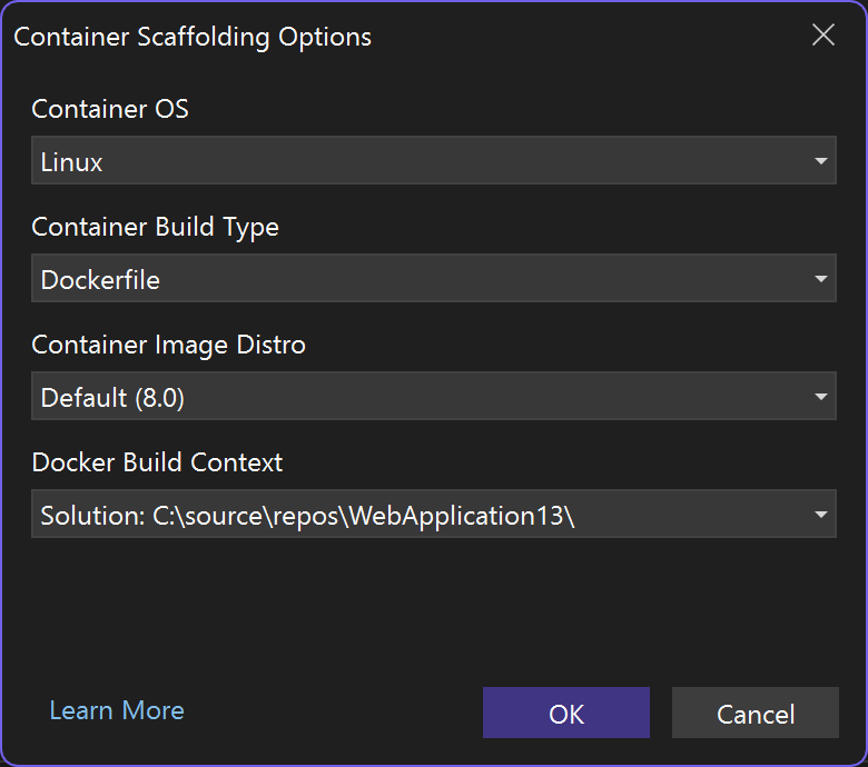 Captura de pantalla que muestra el cuadro de diálogo Opciones de scaffolding de contenedor para añadir compatibilidad con Docker.