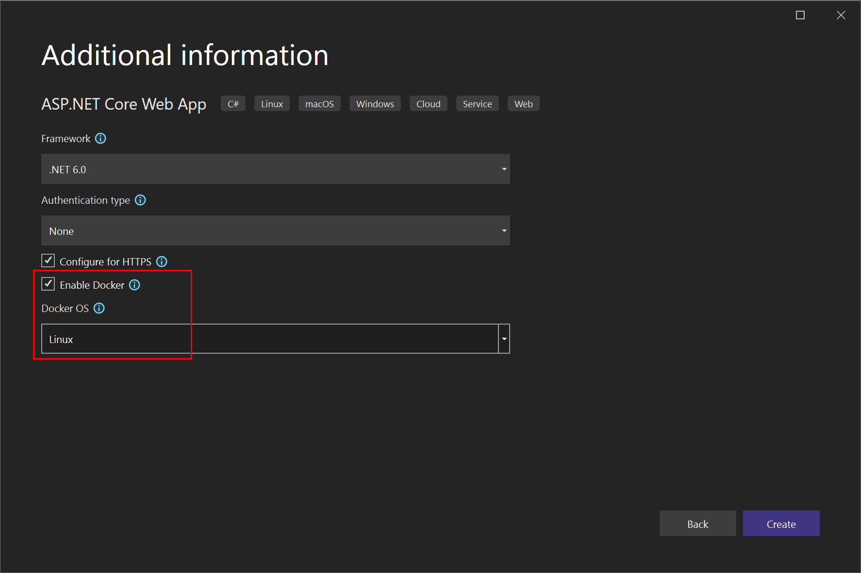 Captura de pantalla que muestra cómo habilitar la compatibilidad con Docker para la aplicación web de ASP.NET Core en Visual Studio.