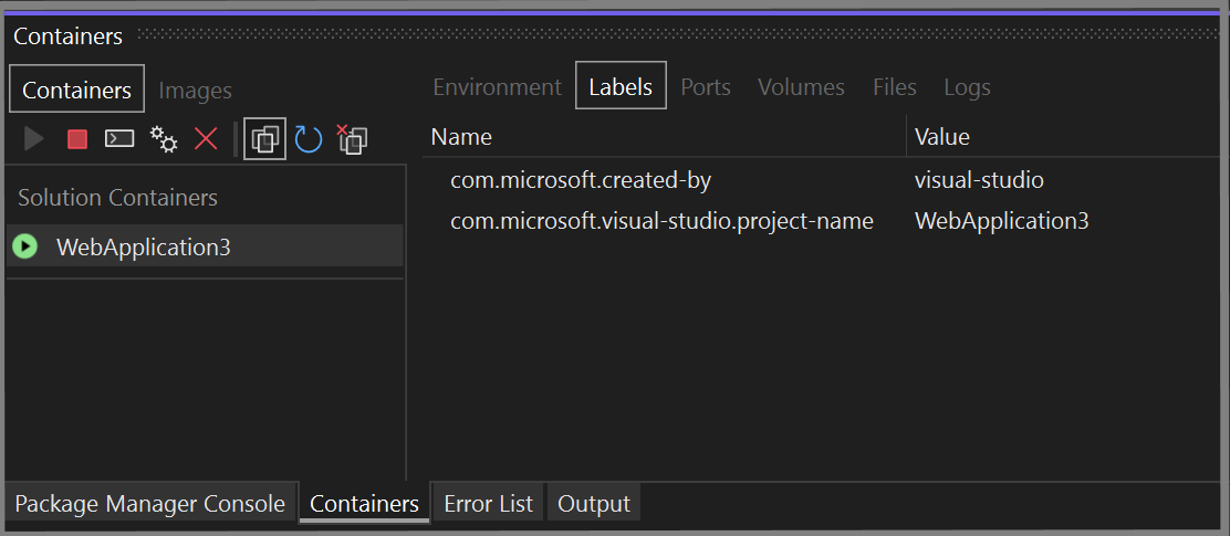 Captura de pantalla de la ventana Contenedores en Visual Studio en la que se muestra la pestaña Etiquetas.