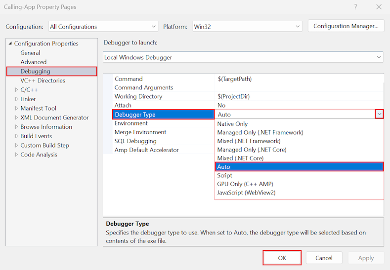 Captura de pantalla que muestra cómo habilitar la depuración en modo mixto para un proyecto de C++ en Visual Studio.