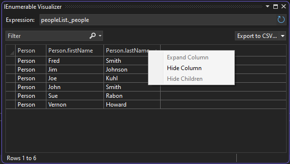 Captura de pantalla de vista de los datos del visualizador IEnumerable.