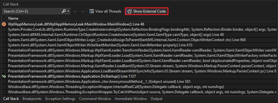 Captura de pantalla de la ventana Pila de llamadas que muestra código externo.