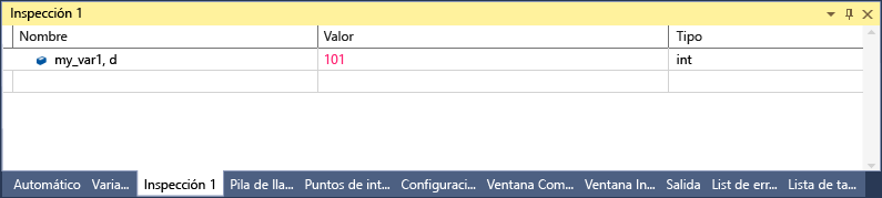 Screenshot of the Visual Studio Watch window with one line that shows my_var1, d with a value of 101 and a type of int.