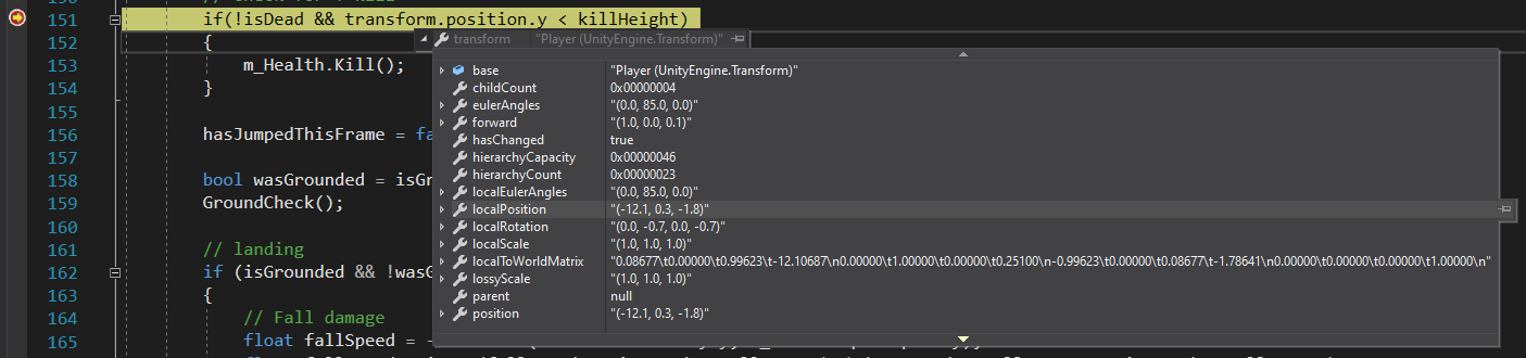 Captura de pantalla Visual Studio detenido en un punto de interrupción inspeccionando variables.