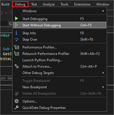 Captura de pantalla que muestra el elemento de menú Depurar > Iniciar sin depurar.