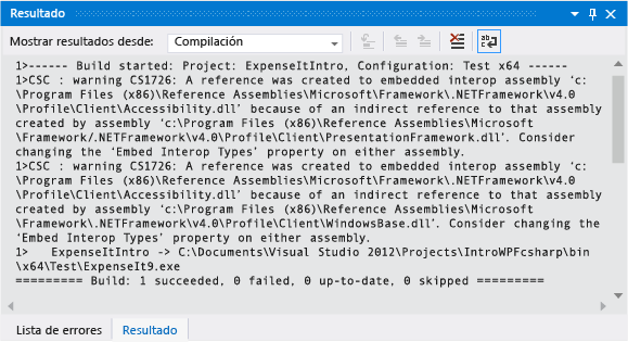 Screenshot of build warning in Output Window for C#.