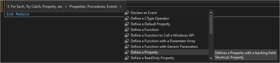 Captura de pantalla del menú de fragmento de código para definir una propiedad