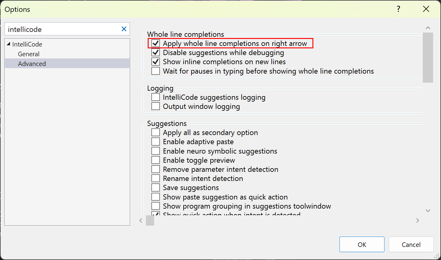 Captura de pantalla del menú Configuración para cambiar la flecha derecha a fin de aceptar autocompletar la línea completa.