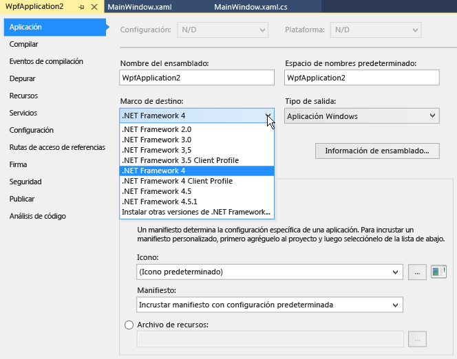 Project properties Application tab