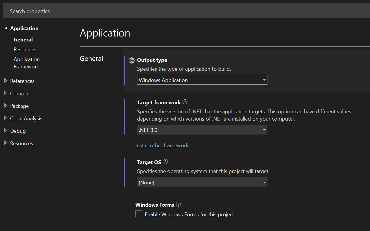 Captura de pantalla del Diseñador de proyectos de .NET en Visual Studio 2022 con .NET 8.0 como marco de destino.