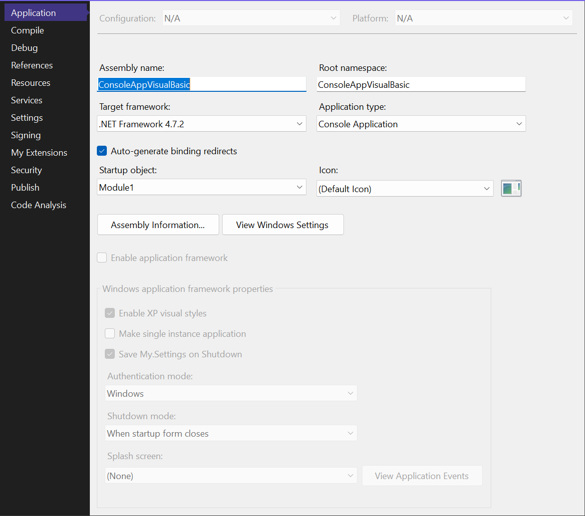 Captura de pantalla del Diseñador de proyectos de .NET en Visual Studio 2022 con .NET Framework 4.7.2 como marco de destino.