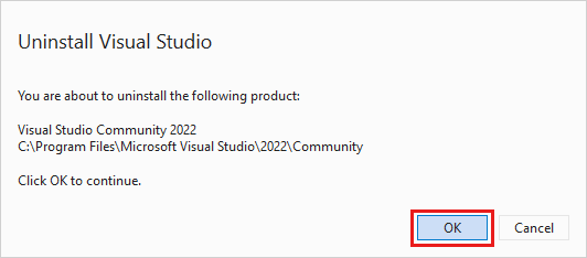 Captura de pantalla que muestra un cuadro de diálogo para confirmar que desea desinstalar Visual Studio 2022.