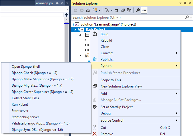 Django commands on a Python project context menu.