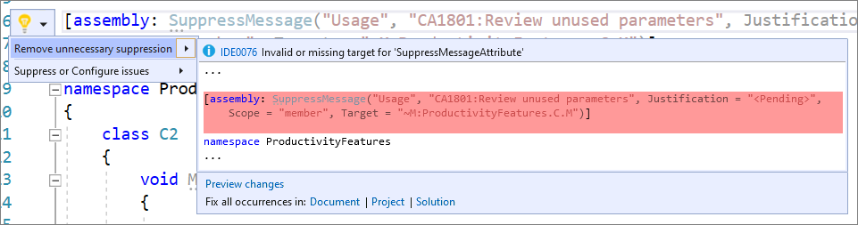 Eliminación de elementos SuppressMessageAttributes