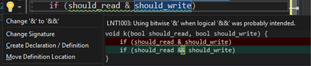 Linter as-you-type que muestra la advertencia para usar & bit a bit en lugar de && lógicos en bools