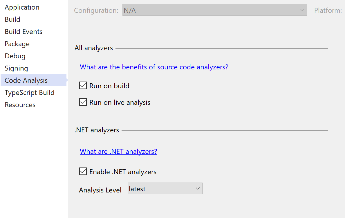 Ventana Propiedades del proyecto para habilitar los analizadores de .NET