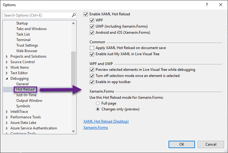 Configuración consolidada de la Recarga activa de XAML