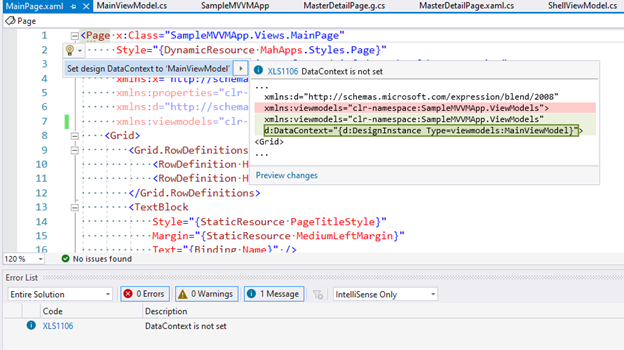 IntelliSense en XAML para d:DataContext de MVVM