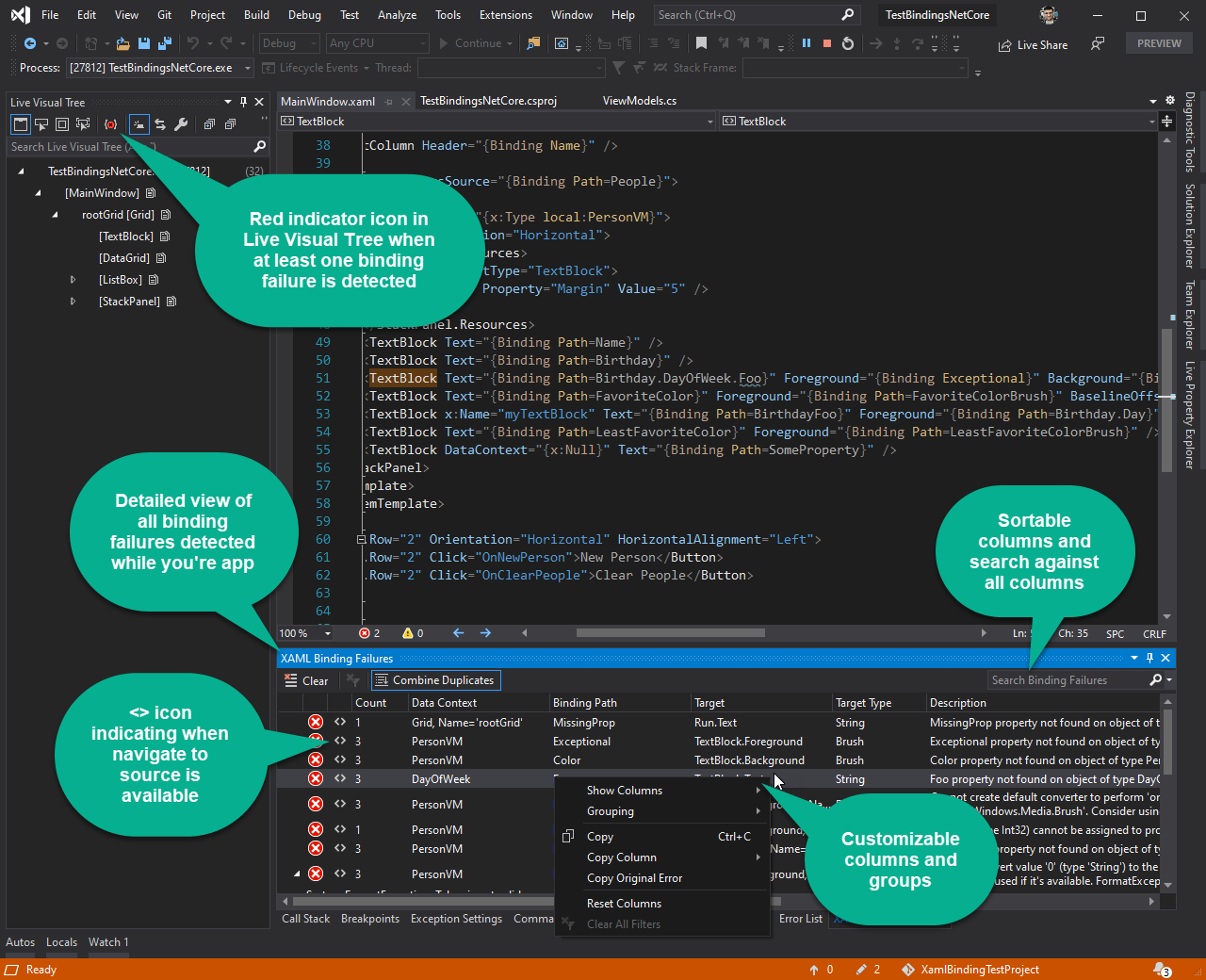 Ventana de error de enlace XAML e icono de LVT