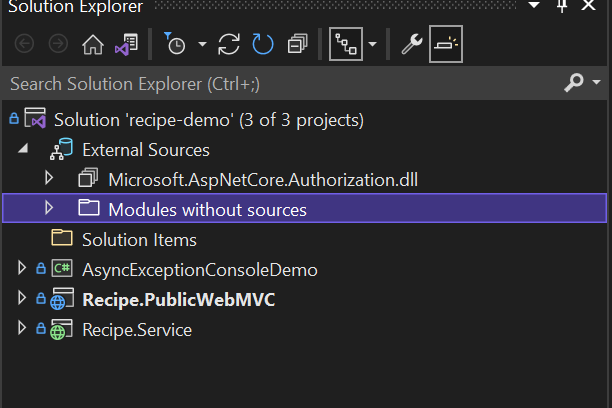 Nodo de orígenes externos en el Explorador de soluciones compatible con C++