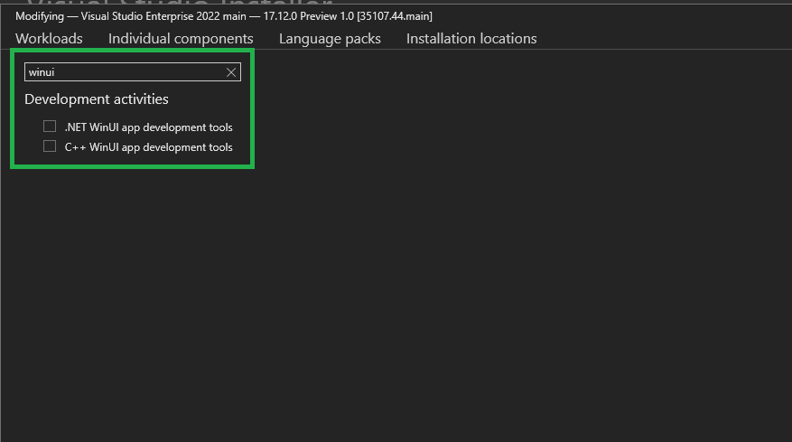 Imagen que muestra la nueva búsqueda de componentes individuales de WinUI en el Instalador de Visual Studio