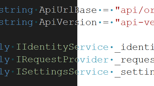 El editor de Visual Studio que muestra el mismo fragmento de código con la misma fuente, pero la mitad del código está en el tema oscuro y la mitad en claro.