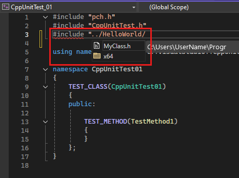 Captura de pantalla del Explorador de soluciones que muestra la adición de una directiva #include con IntelliSense resaltando un archivo de encabezado para su inclusión.