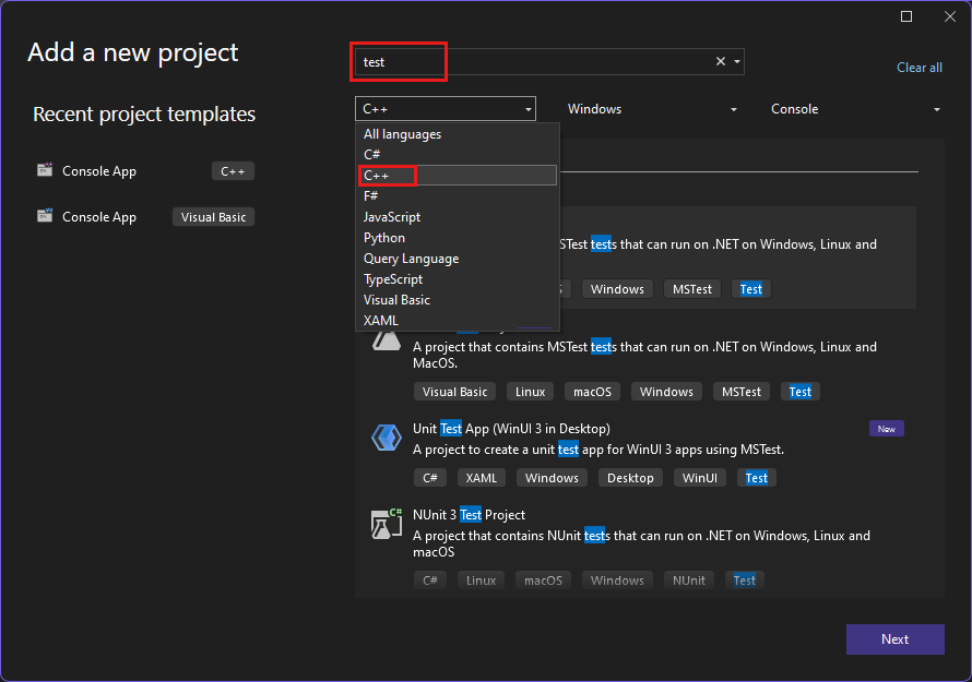 Proyectos de prueba de C++ en Visual Studio 2022