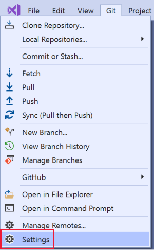 Menú de Git con el comando Configuración resaltado.