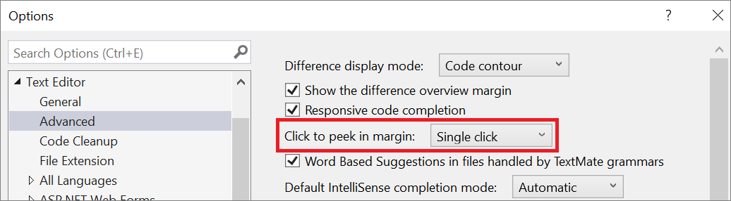 Captura de pantalla de la configuración del editor de texto 'Haga clic para ver sin salir en margen'.