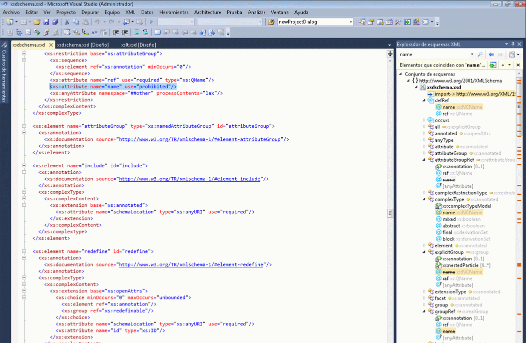 Screenshot of a Visual Basic project window showing that the XML Schema Explorer and Solution Explorer have been opened in the right pane.