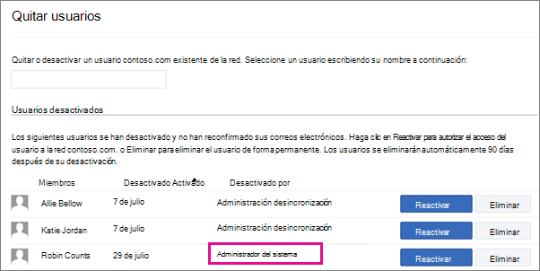  Captura de pantalla que muestra un usuario quitado por el administrador del sistema.