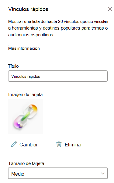 Captura de pantalla del panel Propiedades de vínculos rápidos que muestra las opciones de personalización de tarjetas.