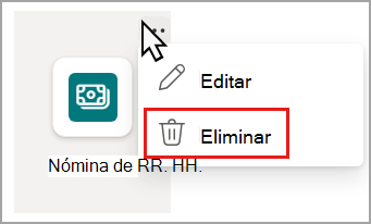 Captura de pantalla del menú desplegable vínculo de recursos con la opción eliminar resaltada.
