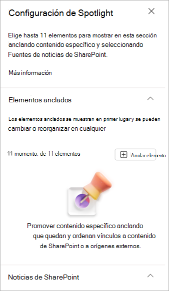 Captura de pantalla del panel de propiedades de configuración de contenido destacado.