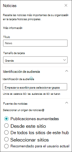 Captura de pantalla que muestra el panel Propiedades de la tarjeta de noticias.