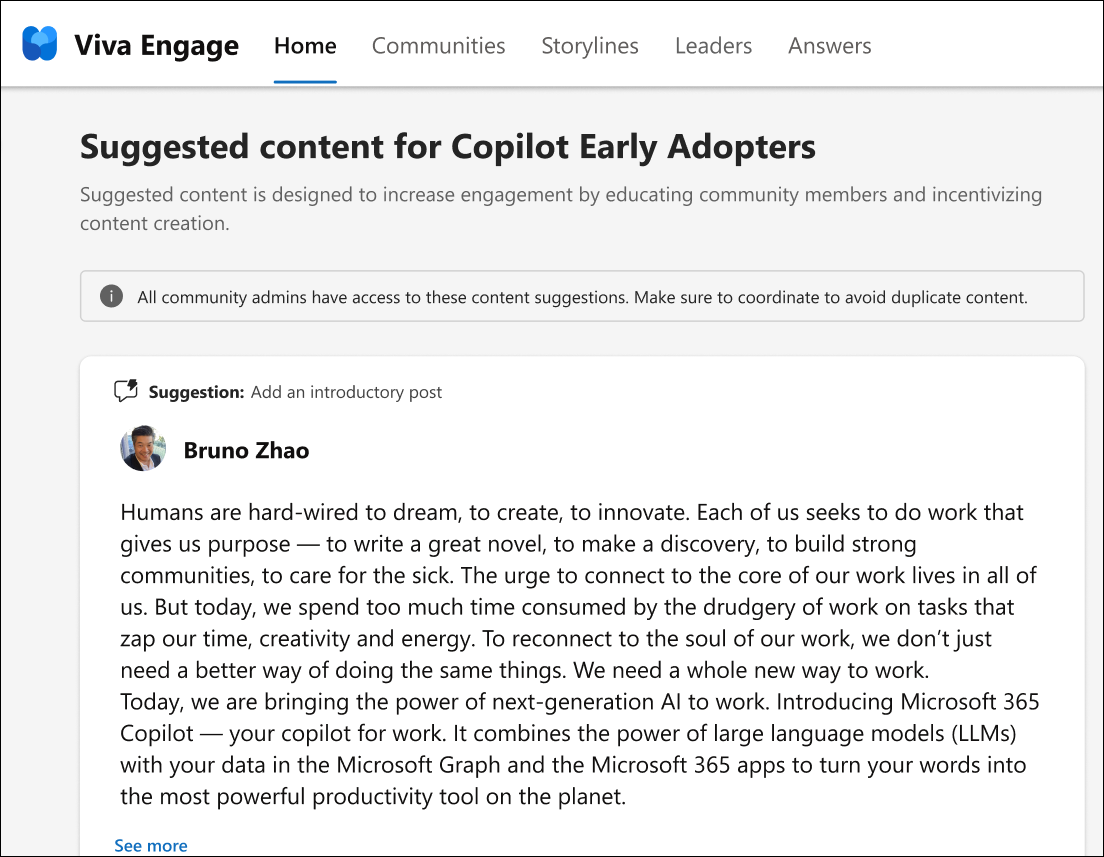 Captura de pantalla que muestra el contenido sugerido que se genera en la página de la comunidad de adopción de Copilot=.