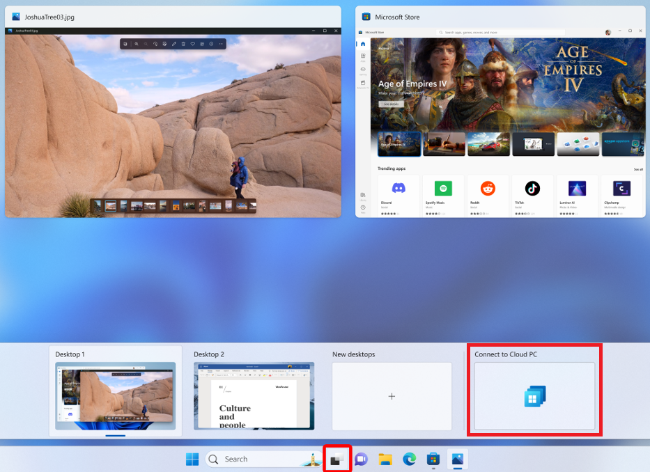 Captura de pantalla que muestra un PC en la nube agregado a la vista de Tareas en Windows 11.